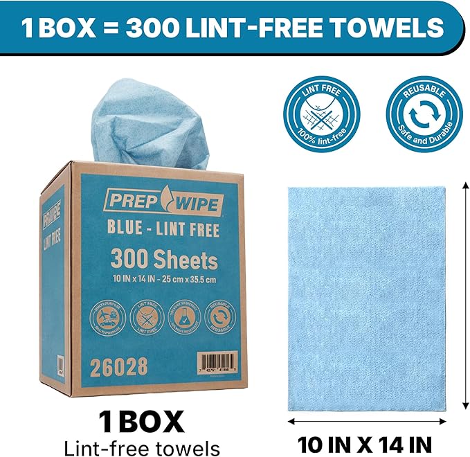 Lauco Prep Wipe Lint-Free Towels – Heavy Duty Nonwoven Cleaning Cloths for Automotive, Industrial & Household Use, Disposable Shop Rags, 300 Pack, 9 x 17 Inch Blue