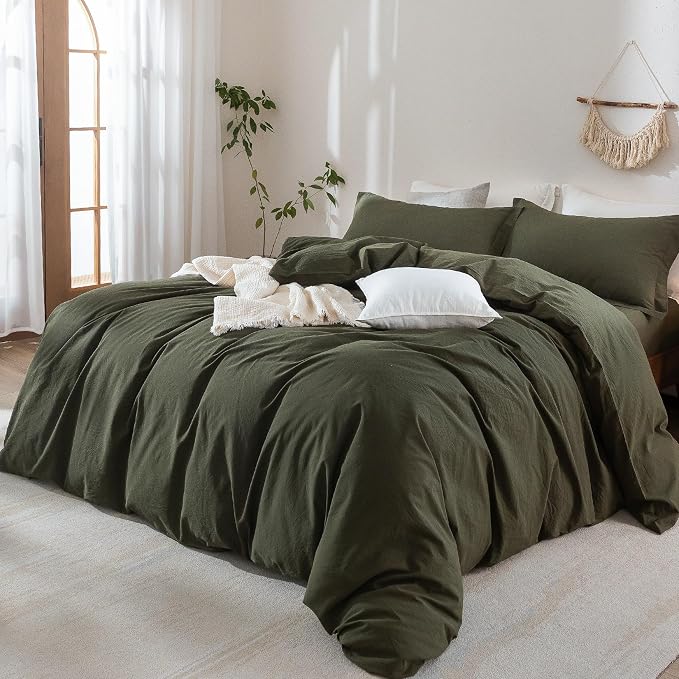 Linen Feel Duvet Cover Full Size 90inch x 80inch,100% Washed Cotton Duvet Cover with Zipper Closure and 2 Pillowcases, Color of Olive Green