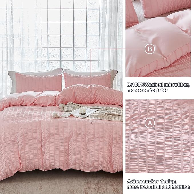 AveLom Blush Pink Seersucker Duvet Cover Set Full Size (80 x 90 inches), 3 Pieces (1 Duvet Cover + 2 Pillow Cases), Ultra Soft Washed Microfiber, Textured Duvet Cover with Zipper Closure, Corner Ties