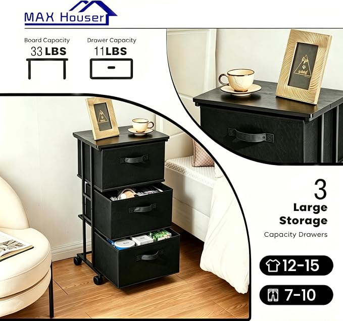 MAX Houser Dresser Storage with 3 Drawers, Fabric Dresser Tower, Vertical Storage Unit for Bedroom, Closet, Office, Black