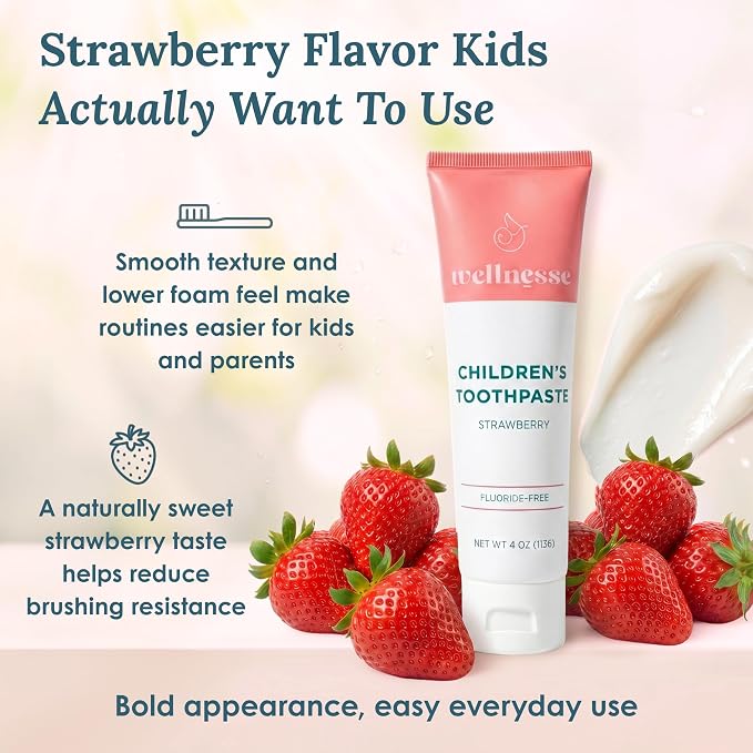 Hydroxyapatite Toothpaste, Whitening, Fluoride Free, Strawberry, 4 Oz | Wellnesse Kids, Toddlers or Children, SLS Free, Xylitol Formula, Gentle Enamel Care, Fresh Breath and Daily Brushing Habits