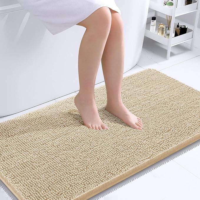 OLANLY Bathroom Runner Rugs 44x24, Extra Soft Absorbent Chenille Bath Rugs, Rubber Backing Quick Dry, Machine Washable Long Bath Mats for Bathroom Floor, Tub and Shower, Home Decor Accessories, Beige