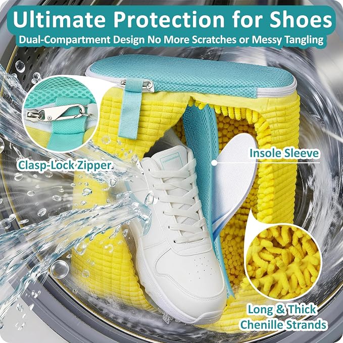 2-Pack Shoe Washing Machine Bag for Sneaker Cleaning Laundry Shoe Bag | Dual Compartment, Full Protection, Clasp-Lock Zipper, Thick Chenille, Reinforced Edge & Seams