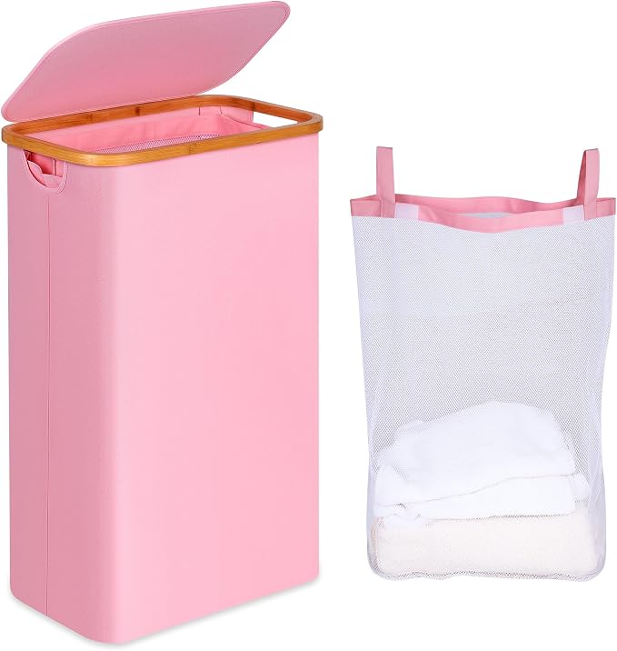 iEGrow 75L Slim Laundry Hamper, Narrow Laundry Basket with Lid,Foldable Clothes Hamper with Bamboo Handles,Hamper Basket with Removable Inner Bag for Laundry Room Bedroom College Dorm,19.8 Gals Pink