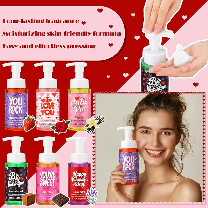 6 Pack Valentine's Foaming Hand Soap with Pump Care Moisturizing Liquid Scented Foam Hand Wash Valentine's Galentine's Day Sweet Gifts for Kitchen Bathroom Family Teacher Staff 8.75 Fl. oz