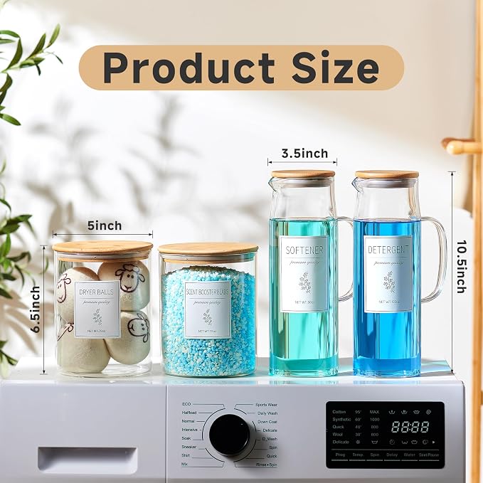 Glass Laundry Detergent Dispenser Set - 2x50oz & 2x70oz Borosilicate Containers with Bamboo Lids, Handle& Labels, Stores Powder,laundry pods,Fabric Softener, for Laundry Room organization and Decor
