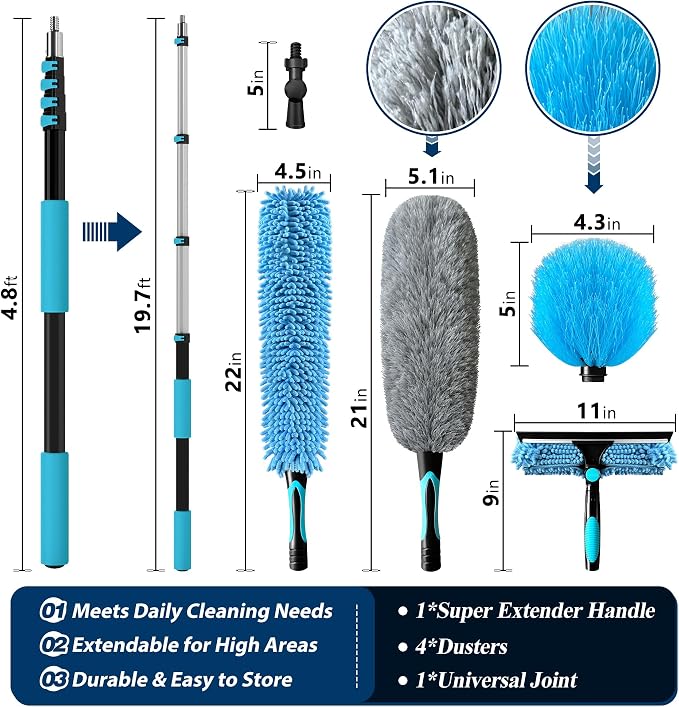 COVERONICS 25FT High Duster Cleaning Tools with 5-20FT Extension Poles | Reusable Fan Duster Cleaning Kits with Ceiling Fan Cleaner Duster, Window Squeegee, Microfiber Feather Duster & Cobweb Duster