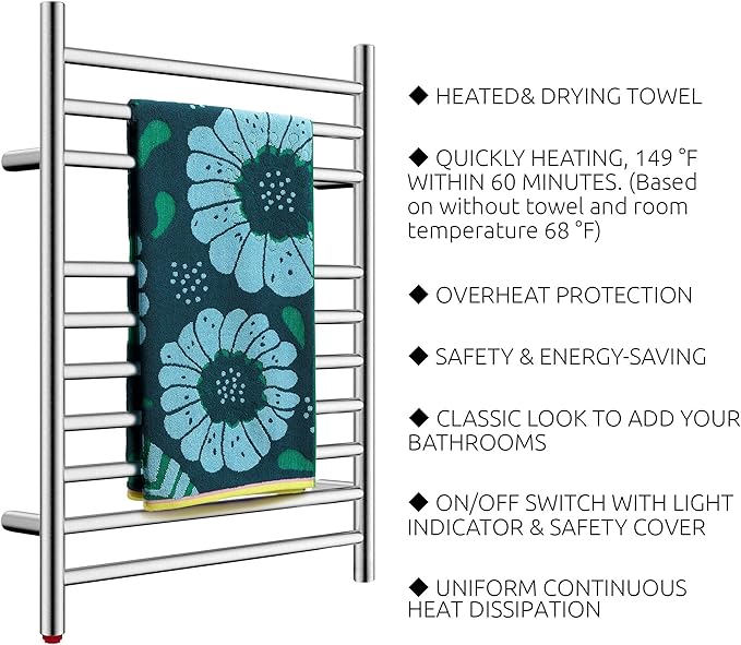 HEATGENE Towel Warmer, Compact Electric Towel Warmer for Small Bathroom, Wall-Mounted Electric Towel Racks, Plug-in/Hardwired Electric Towel Rails - Brushed