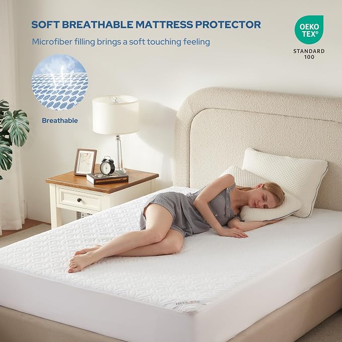 BEDLORE Waterproof Mattress Protector, Queen Size Noiseless Mattress Pad with Deep Pocket 6"-18" Depth, Soft Breathable Bed Mattress Cover Washable for Home, Bedroom, Hotel (White)