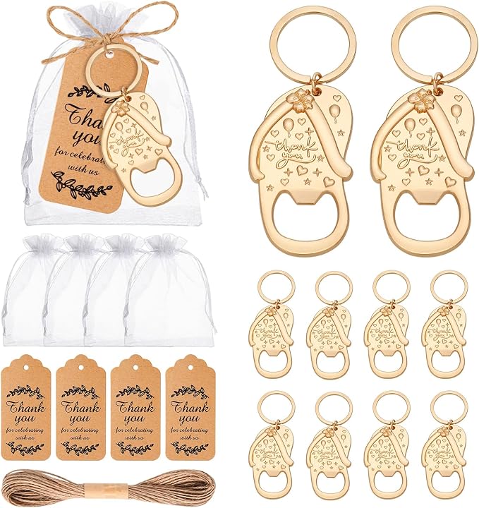 50Set Flip-flop Bottle Opener Bulk Beach Wedding Favors for Guest Baby Shower Party Shower with Gift Bags and Thank You Card (Gold)