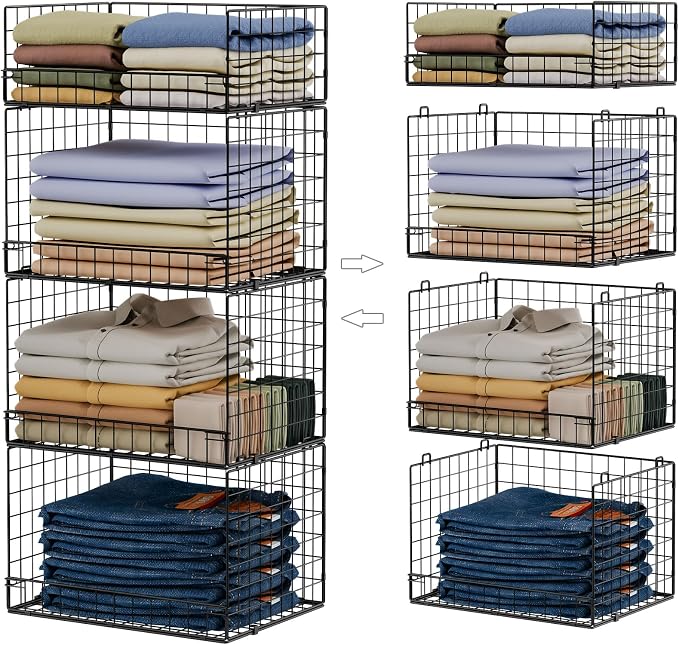 4 Tier Stackable Closet Organizers and Storage Shelves, Foldable Closet Shelf Organizer System, Stackable Storage Bins Drawers for Clothes Organizer System, Black（Patent No. 30022416）