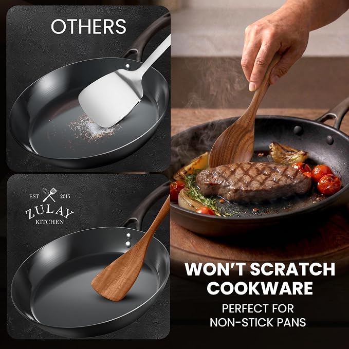 Zulay Kitchen 9-Piece Teak Wood Cooking Utensil Set – Non-Toxic & Non-Stick Safe Wooden Spoons & Kitchen Tools with Comfortable Grip, Smooth Finish Natural Teak – Perfect Kitchen Gift Set
