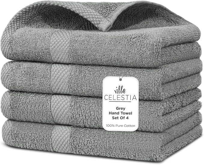 Villa Celestia Cotton Hand Towels Set of 4, 16 x 28, Oeko-TEX Certified, Quick Dry, Grey