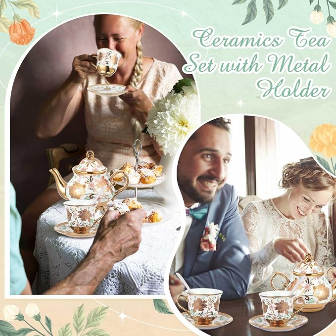 Zhehao 20 Pcs Porcelain Tea Set with Metal Holder and Spoon Adult Ceramic Tea Set European Flower Painting Teapot Cup Saucer Spoon for Women Mom Gift, Large Version (Elegant Style)