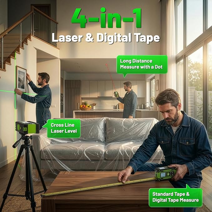 Digital Laser Tape Measure 4-in-1, HUEPAR ±1/16" Laser Measure with Dual HD Display, 200Ft Rechargeable Laser Measurement&33Ft Green Cross Line Laser&10Ft Tape, for Area/Volume/Pythagorean/Leveling