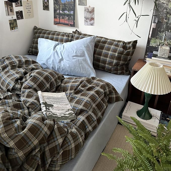 mixinni Vintage Buffalo Plaid Duvet Cover Set Full Size - 3 Piece Washed Cotton Bedding Set with Grid Pattern, Soft & Breathable Duvet Cover with Pillowcases for All Seasons,(Brown & Blue, Beige)