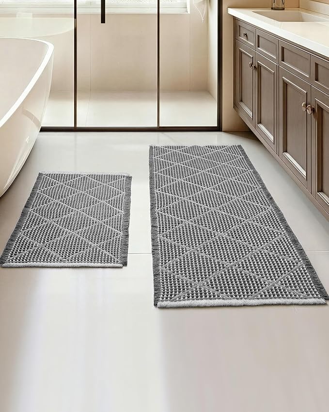 Furicher Waffle Bath Mat Set, Non Slip Bathroom Rugs Sets 2 Piece, Ultra Absorbent Bathroom Runner Rug for Boho Bath Room Decor, Machine Washable Boho Mats, Grey & Light Grey, 20"×47" Plus 18"×30"