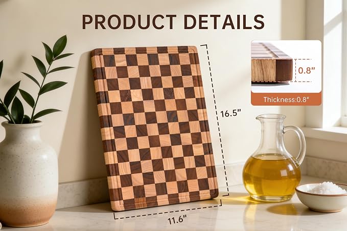 Checkered Cutting Boards for Kitchen, Wooden Chopping Board | Acacia Wood Cutting Board with Juice Grooves & Handles, Decorative Serving Tray with Gift Box, 16.5"x11.6"×0.8"