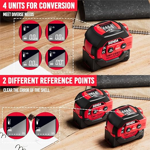 SENDA 3-in-1 Laser Tape Measure - 197Ft Digital Measuring Tape with Led Display&16Ft Measuring Tool with Magnetic Hook & Auto Lock - Pythagorean, Area, Volume, Ft/Ft+in/in/M Unit, AAA Battery*2, Red