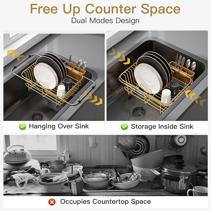 JASIWAY Gold Dish Drying Rack in Sink with Utensil Holder, RV, Apartment | Over Sink Expandable Stainless Steel Dish Drainers for Compact Kitchen, Space Saving, Fast Drain, Rustproof, For 1-2 people