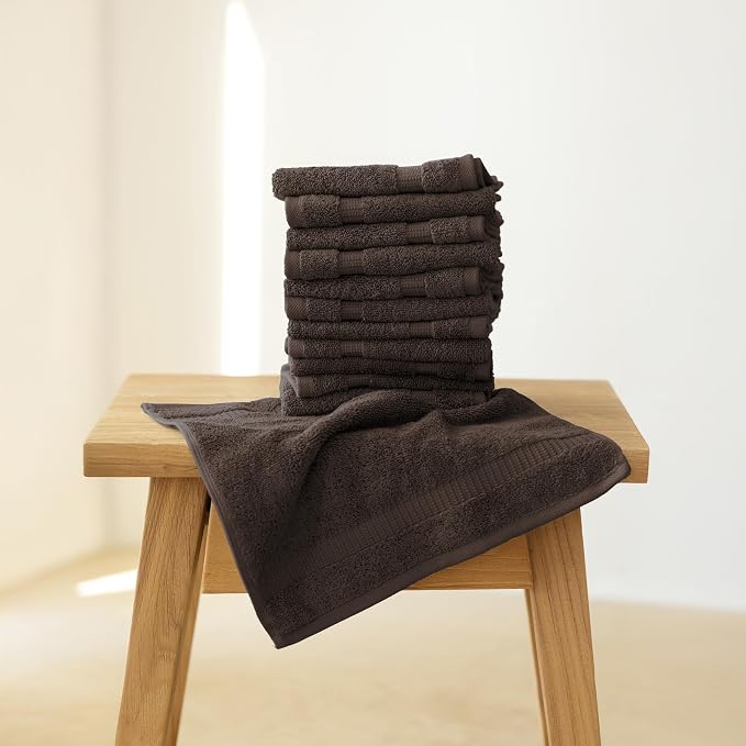 SALBAKOS 12-Piece 100% Turkish Cotton Washcloths and Face Towels, Chocolate | 13x13 in Standard Size Small Towel, Multi-use Bathroom & Kitchen, Thick Super Soft Absorbent Durable, Oeko-Tex Made in Turkey