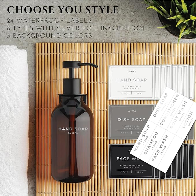 Shower Shampoo Dispenser Wall Mounted – 3 Refillable 16.9 oz Amber Bottles with Stainless Steel Pumps & No-Drill Adhesive Holders – Soap Dispenser Set for Bathroom (3 X Amber/Black)