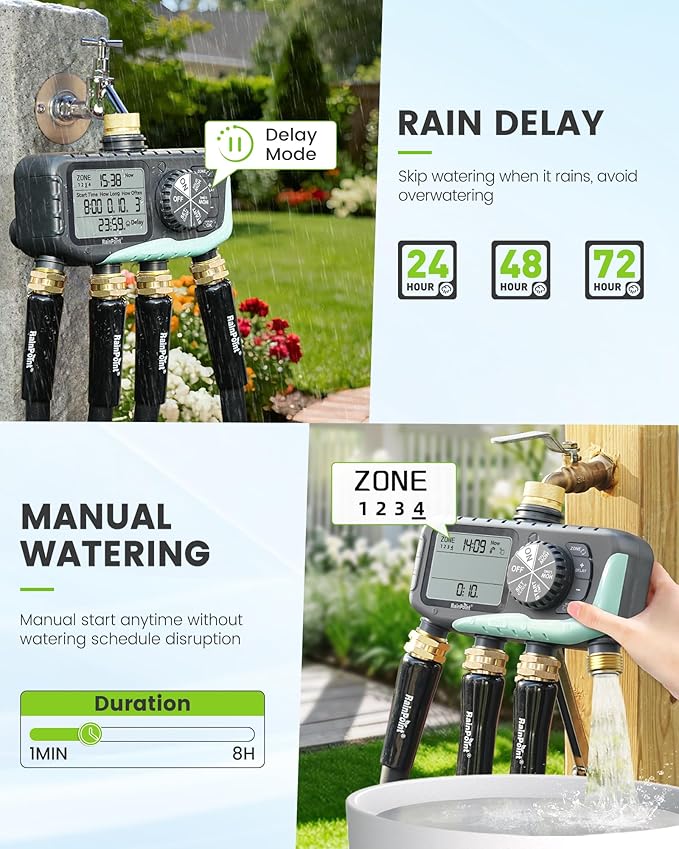 RAINPOINT Sprinkler Timer 4 Zone, Water Timer for Programmable, for Soaker Hose with Rain Delay/Manual/Automatic Watering System, Digital Irrigation for Yard, Lawn