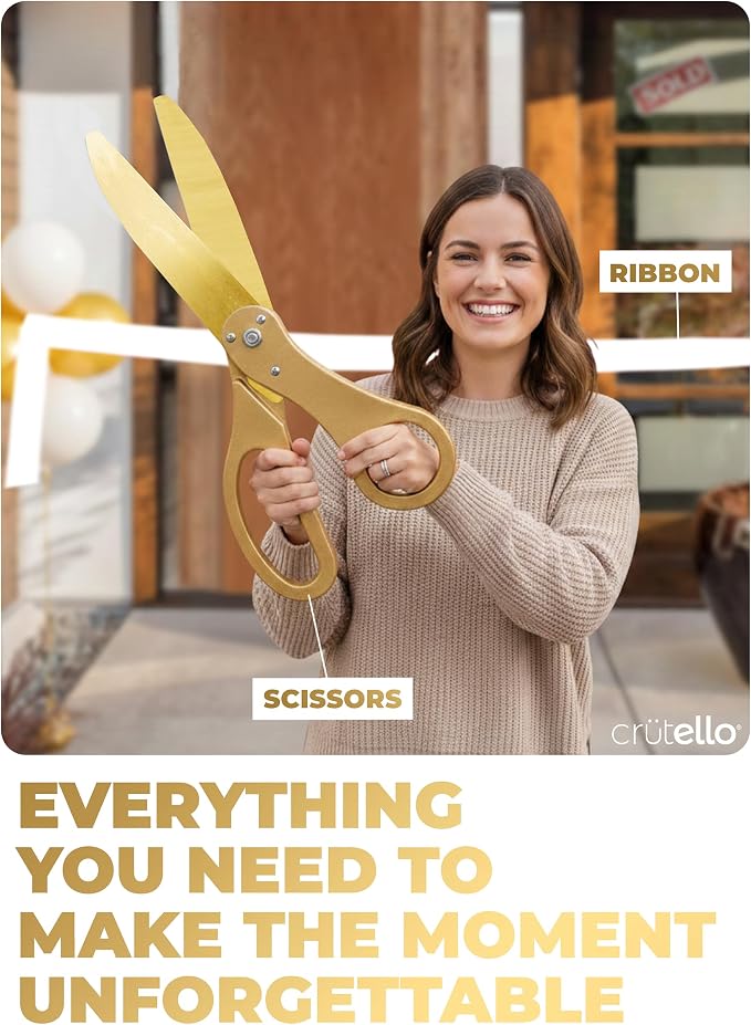 Crutello Ribbon Cutting Ceremony Kit - Grand Opening Ribbons and Scissors - 20"Giant Gold Scissors and 30 Foot Large White Ribbon 4"Wide - Ceremonial Kit