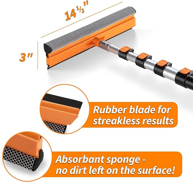 4-12 ft Window Washer Squeegee Kit with Extension Pole (20+ Foot Reach) // Long Handle Squeegee for Window Cleaning & Car Cleaning Multi-Use//Telescopic Professional Window Cleaning Squeegee for Home