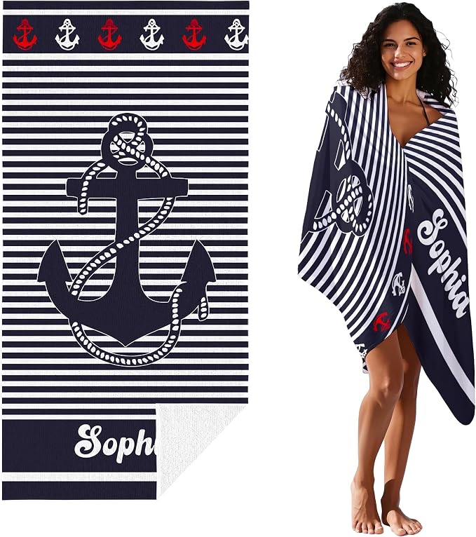 JML Personalized Beach Towel with Name, Custom Anchor Beach Towel, Customized Microfiber Pool Towel, Quick Dry & Absorbent Swim Towel for Adult,Anniversary, Birthday, Summer Holiday,Vacation