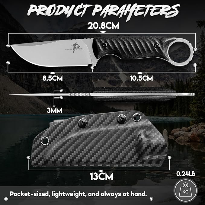 Purple Dragon Fixed Blade Knife with Kydex Sheath -Survival Knife Black | Forged from a Single Piece of D2 Steel, Full Tang G10 Handle, Gift Box, for Outoor Camping