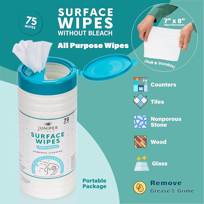 Juniper CLEAN 1 Pack Surface Cleaning Wipes Bleach Free, All-Purpose Cleaner for Bathroom, Kitchen, Office, 75 Count Canister, 7.5" x 7" Sheet, Fresh Scent, Lint Free & Durable