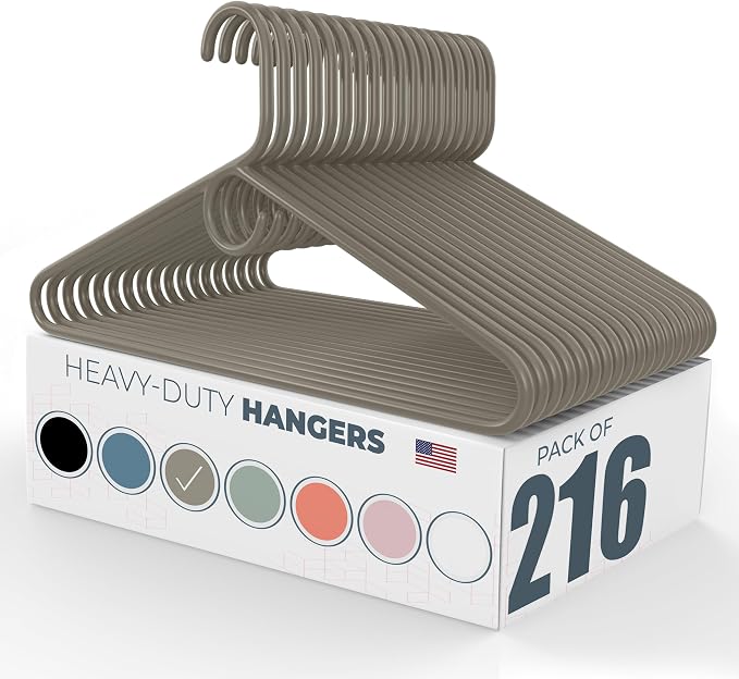 Heavy Duty Clothes Hangers 100+ Pack (216 Count) – Made in the USA – 8lb Capacity Plastic Hangers for Adult Clothing – Durable for Pants, Coats, Jackets, or Jeans – Gray