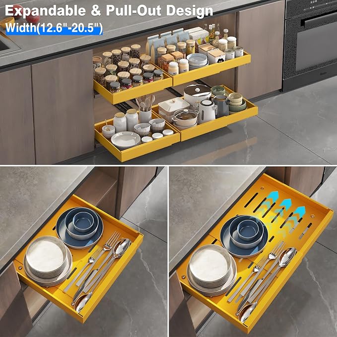 Mustorn 2 Pack Pull Out Cabinet Organizer, Expandable Slide Out Drawers for Kitchen Cabinets Peel and Stick Pullout Drawer Heavy Duty Sliding Shelves for Cupboard, Pantry, Bathroom(16.5" Deep, Yellow)