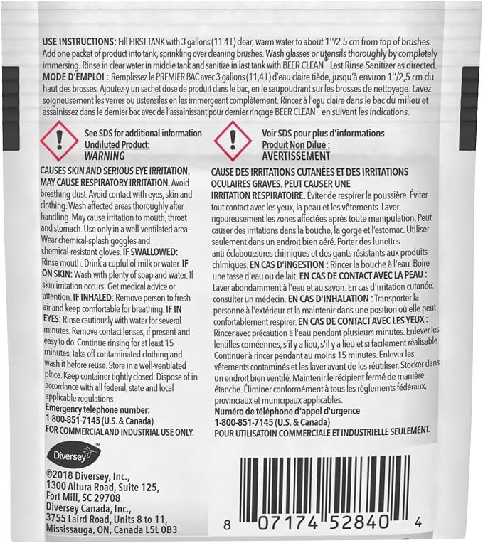 BEER CLEAN Diversey 990224 Low Suds Glass Cleaner for Electric Brushing, Portion Control Bar Glass Washing Powder, Unscented, Packet, 0.5-Ounce (Pack of 100)