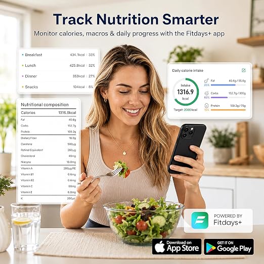 KitchenTour Smart Food Scale with Nutritional Calculator, Bluetooth App for Calorie & Macro Tracking, 24 Nutrients, 11lb/1g Stainless Steel Kitchen Scale