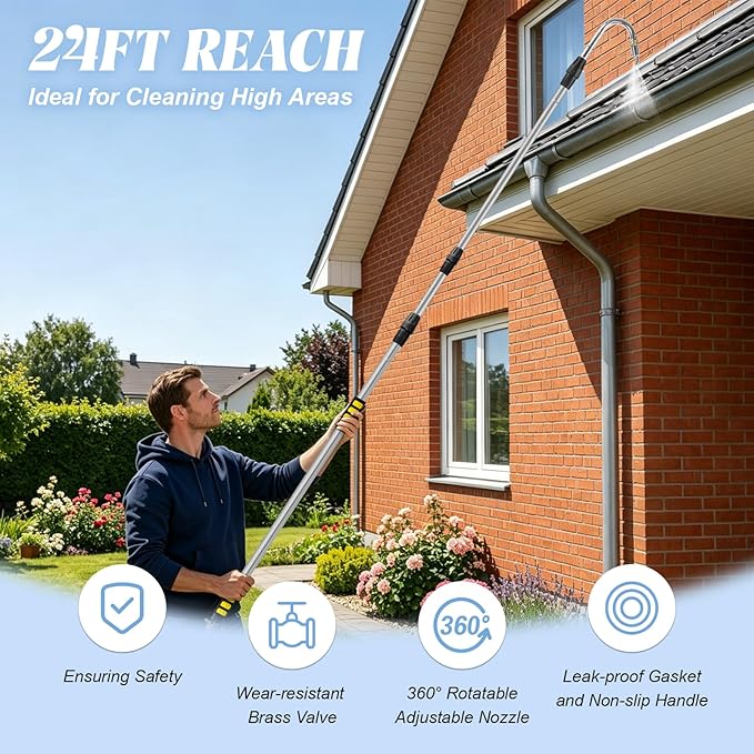 24FT Reach Gutter Cleaning Tools from Ground, 16FT Telescoping Rain Gutter Cleaner with 360° Rotating Metal Nozzle, Brass Shut-Off Valve, Leak-Proof Hose Attachment for Garden Hose