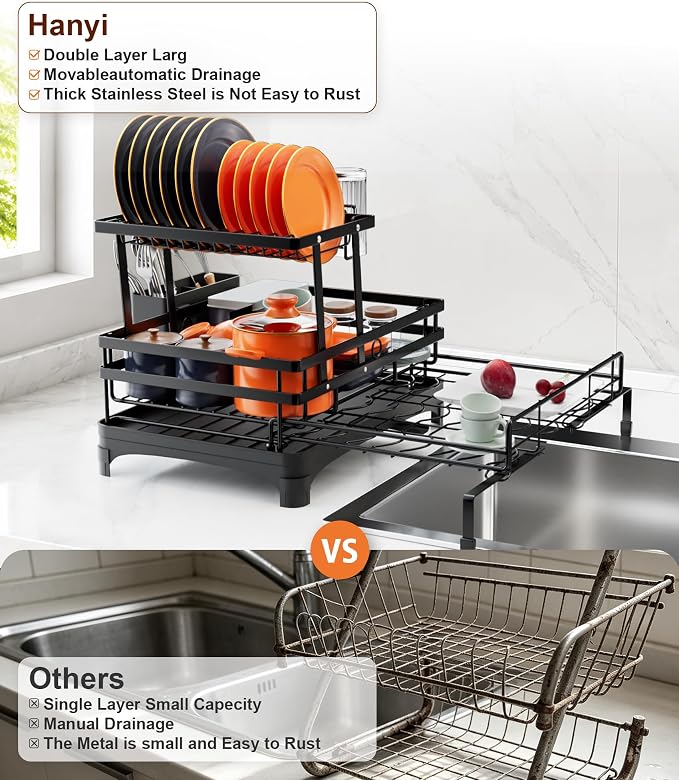 Hanyi 2-Tier Expandable Dish Drying Rack for Counter and Over Sink | Large-capacity rack with foldable upper tier, 15.7-26.4 in over-sink extension, automatic drainage and rust-resistant frame