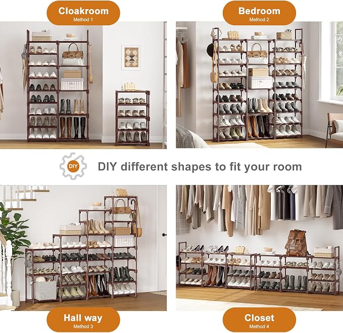 WOWLIVE 9 Tiers Shoe Rack Shoe Storage Shoe Organizer 30-35 Pairs Shoe Tower Unit Shelf Durable Metal Pipes with Plastic Connectors Stackable Cabinet Brown