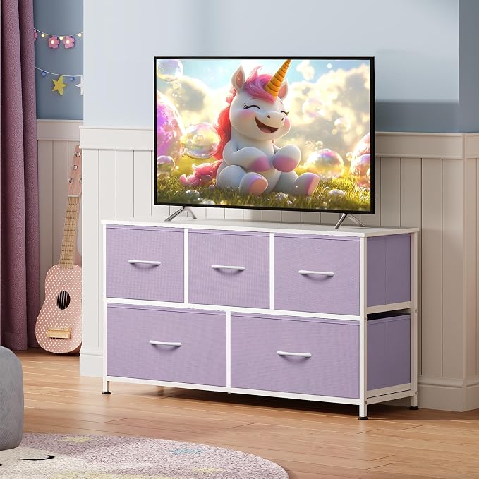 WLIVE Wide Dresser for Bedroom, 5 Drawer Chest of Drawers, Purple | 5 roomy fabric drawers, Wide storage design, Bedroom or closet use, Sturdy steel frame, Smooth wood tabletop