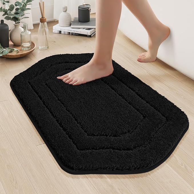 COSY HOMEER Bathroom Mat Rugs 20”x32” Non-Slip Absorbent Bath Mat Plush Shaggy Machine Washable Bath Rugs Soft Polyester Bath Mats for Bathroom Floor,Tub and Shower,Black