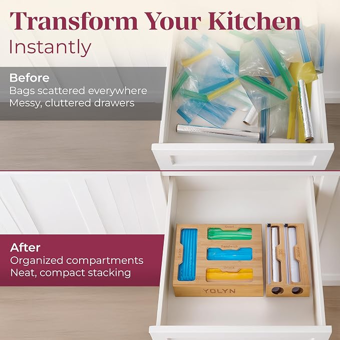 Bamboo Food Storage Bag Organizer for Drawer with Foil & Plastic Wrap Dispenser – 4 in 1 Premium Kitchen Drawer Organizer for Gallon, Quart & Sandwich Bags