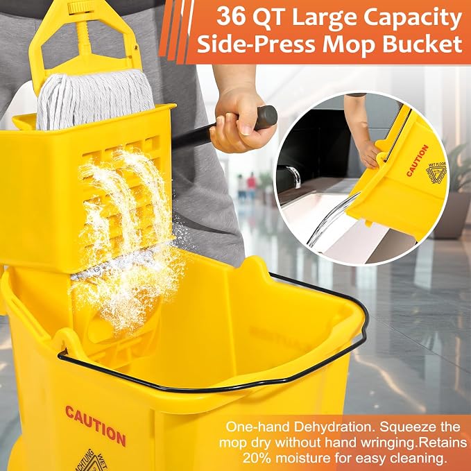 35 Qt Commercial Mop Bucket with Side Press Wringer on Wheels Set | Including 35 Quart Industrial Mop Bucket |1 Commercial Mop |1 Wet Floor Caution Sign | Yellow