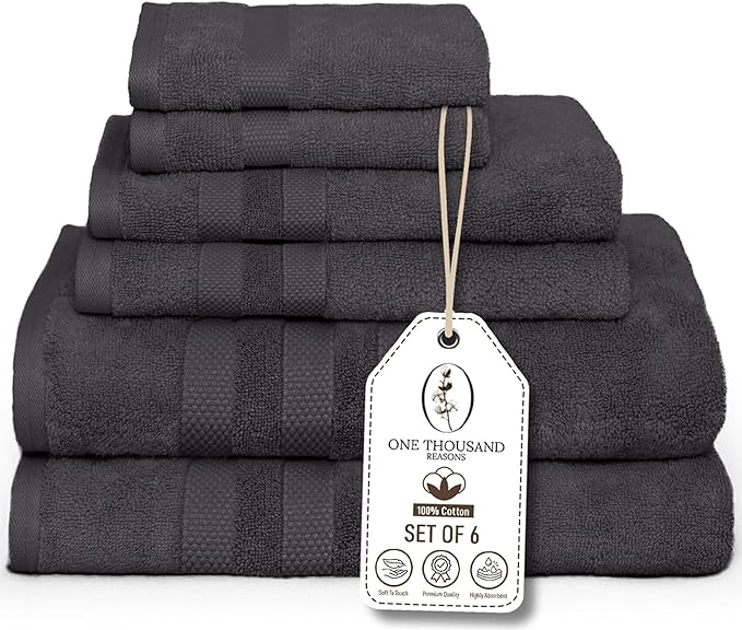 Premium Staple Cotton Bathroom Towel Set - Dark Gray 600 GSM 6-Piece Luxury Bath Towel Set 3 Stripe - 2 Bath Towels, 2 Hand Towels & 2 Washclothes Set - High Absorbent & Quick Dry for Gym, Spa, Hotel