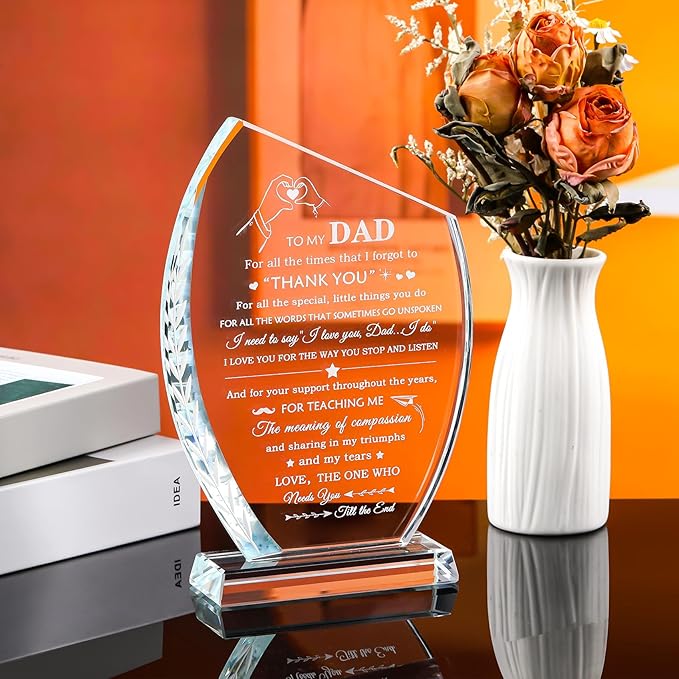 QIANWEI Fathers Day Dad Gifts from Daughter Son Wife Glass Plaque Dad Birthday Unique Gifts for Him, Present for Christmas Thanksgiving Valentines Day