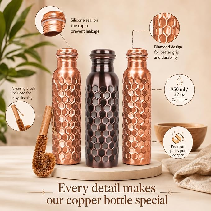 Copper Water Bottle,Ayurvedic Pure Copper Bottle For Drinking - Drink More Water, Lower your Sugar Intake And Enjoy The health Benefits Immediately - 32 Oz(1Cleaning Brush +3 Diamond Bottle)