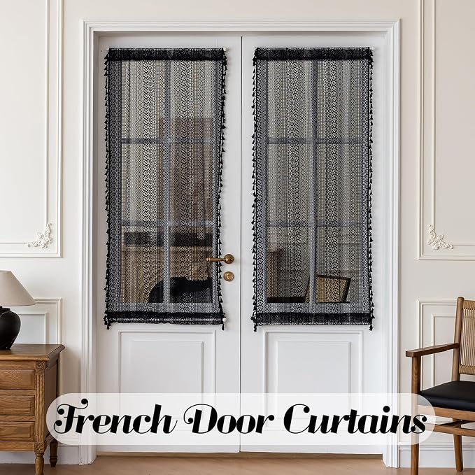 Sutuo Home French Door Curtains for Doorway Glass & Sidelights, Farmhouse Semi Sheer Bohemian Tassels Vintage Chic Privacy Cottagecore Drapes for Door Window, Rod Pocket 2 Panels 25" W x 72" L Black