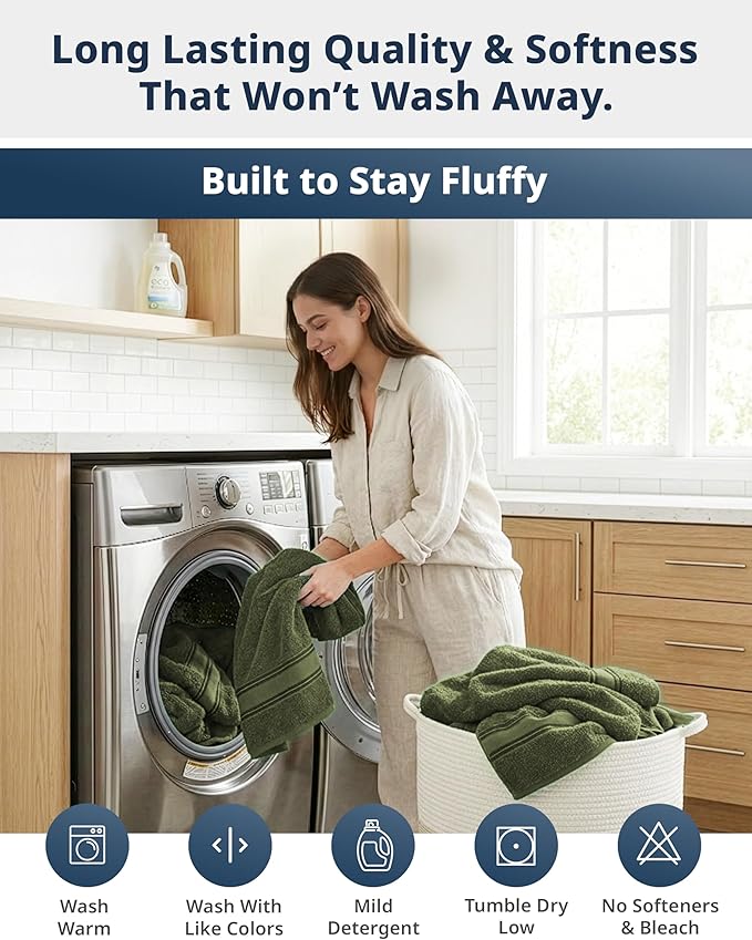 Lane Linen 100% Cotton 4 Pack Bath Towels (28"x54") - Zero Twist, Mercerized Cotton Bathroom Towels Set - Quick Dry, Very Soft & Absorbent Large Bath Towels - Tumble Dry Regains Fluffiness - Oil Green