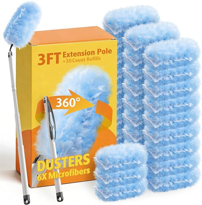 30 Count Heavy Duty Duster Refills with 3 ft Extendable Handle Starter Kit, Compatible with Swiffer Disposable Microfiber Feather Dusters for Cleaning Home