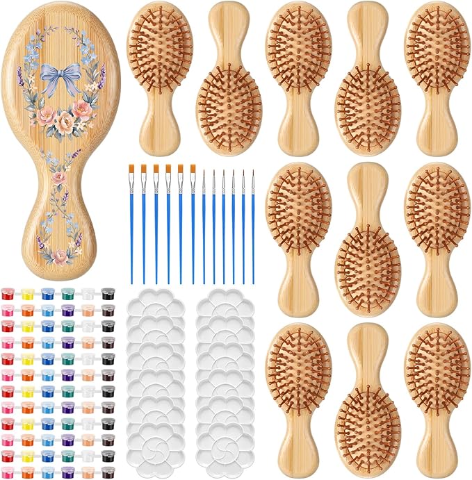 Meanplan 12 Set DIY Wooden Hairbrush Painting Kits Make Your Own Hair Brush Hand-Painted Hairbrush Night Party Supplies with Paint Brush and Palette for DIY Gift Party Crafts (Mini)